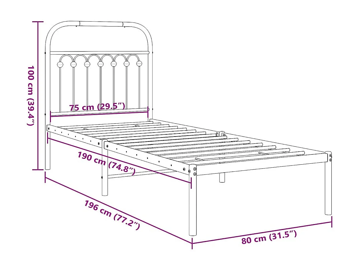 Cadre de lit métal sans matelas avec tête de lit blanc 75x190cm