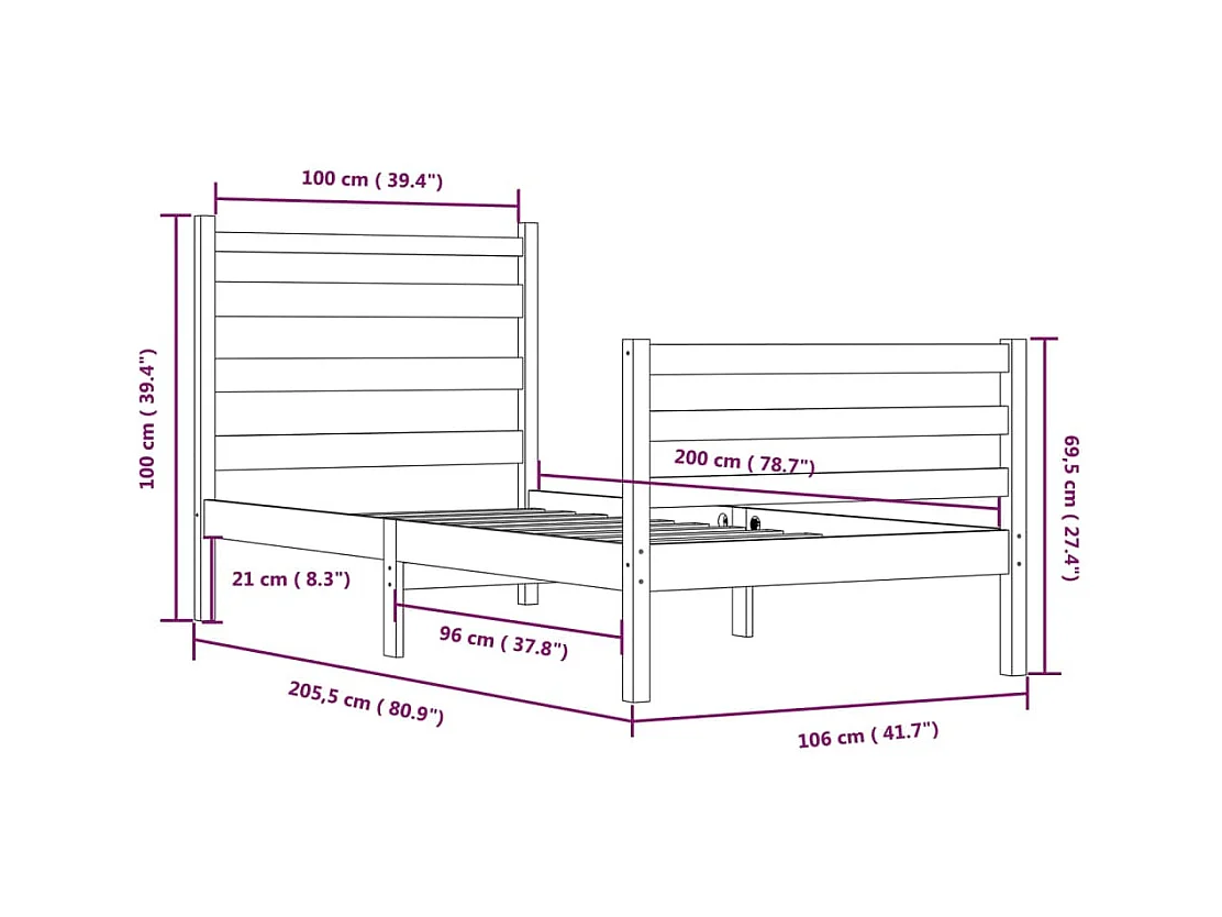 Bedframe massief grenenhout wit 100x200 cm