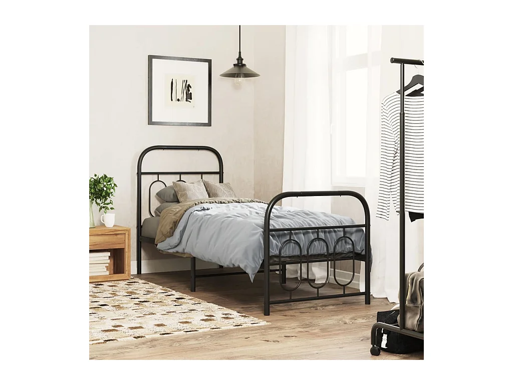 Cadre de lit métal sans matelas avec pied de lit noir 75x190 cm
