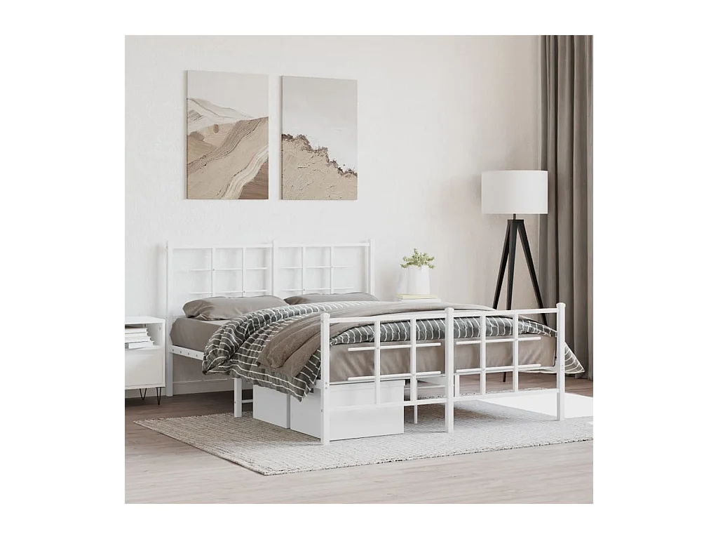 Cadre de lit métal sans matelas et pied de lit blanc 135x190 cm