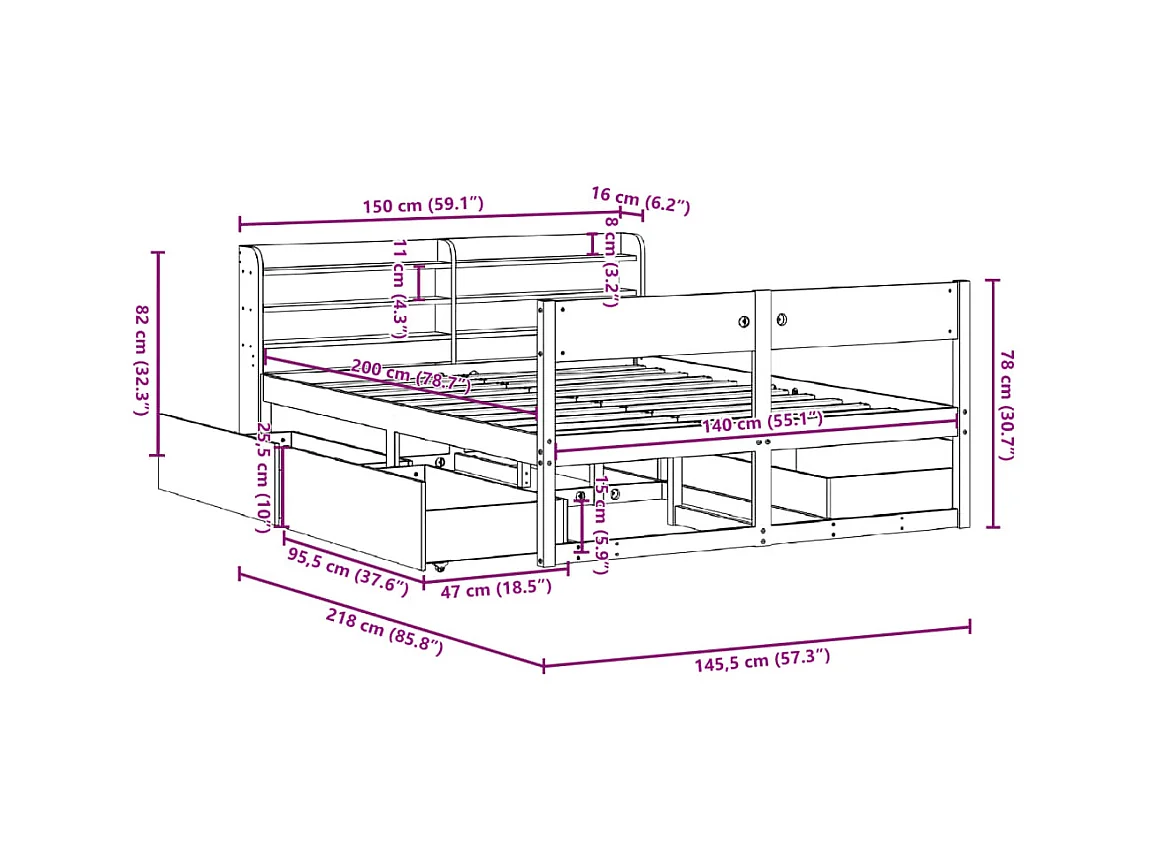 Cadre de lit sans matelas 140x200 cm bois massif de pin