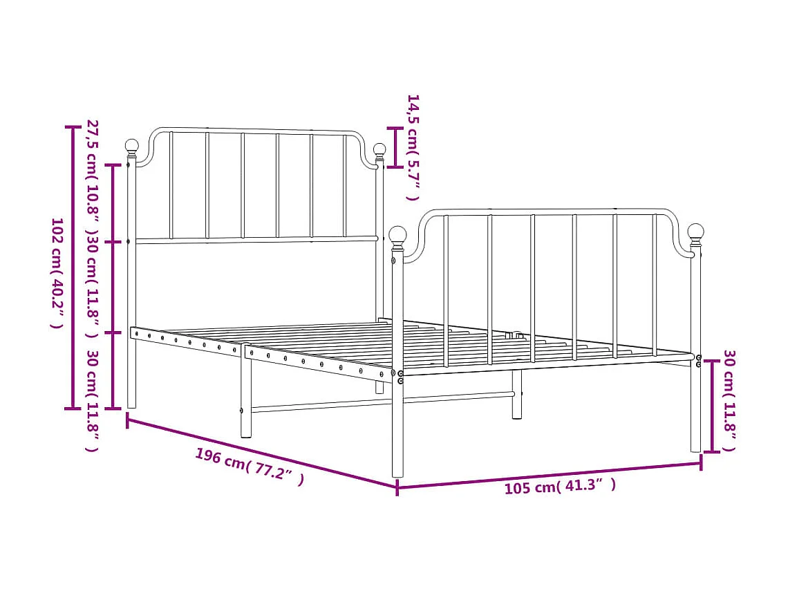 Cadre de lit métal sans matelas et pied de lit blanc 100x190 cm