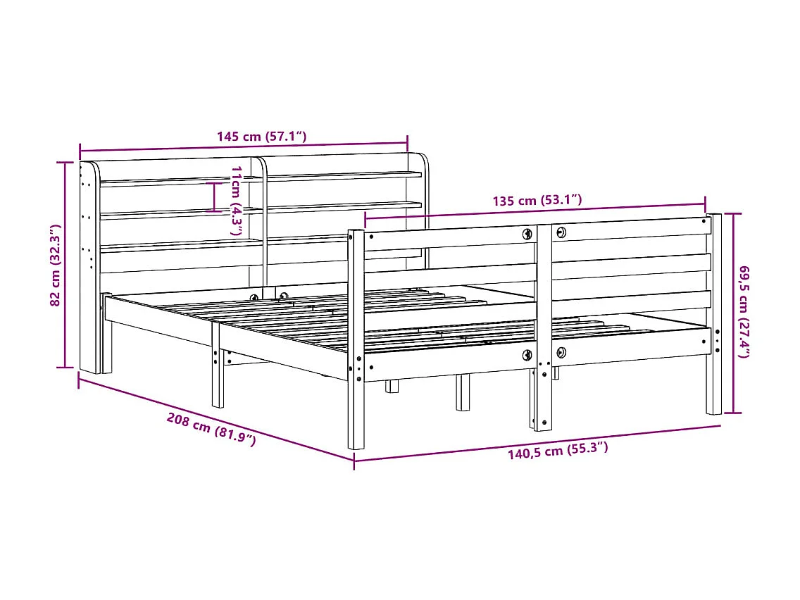 Cadre de lit sans matelas cire marron 135x190cm bois pin massif
