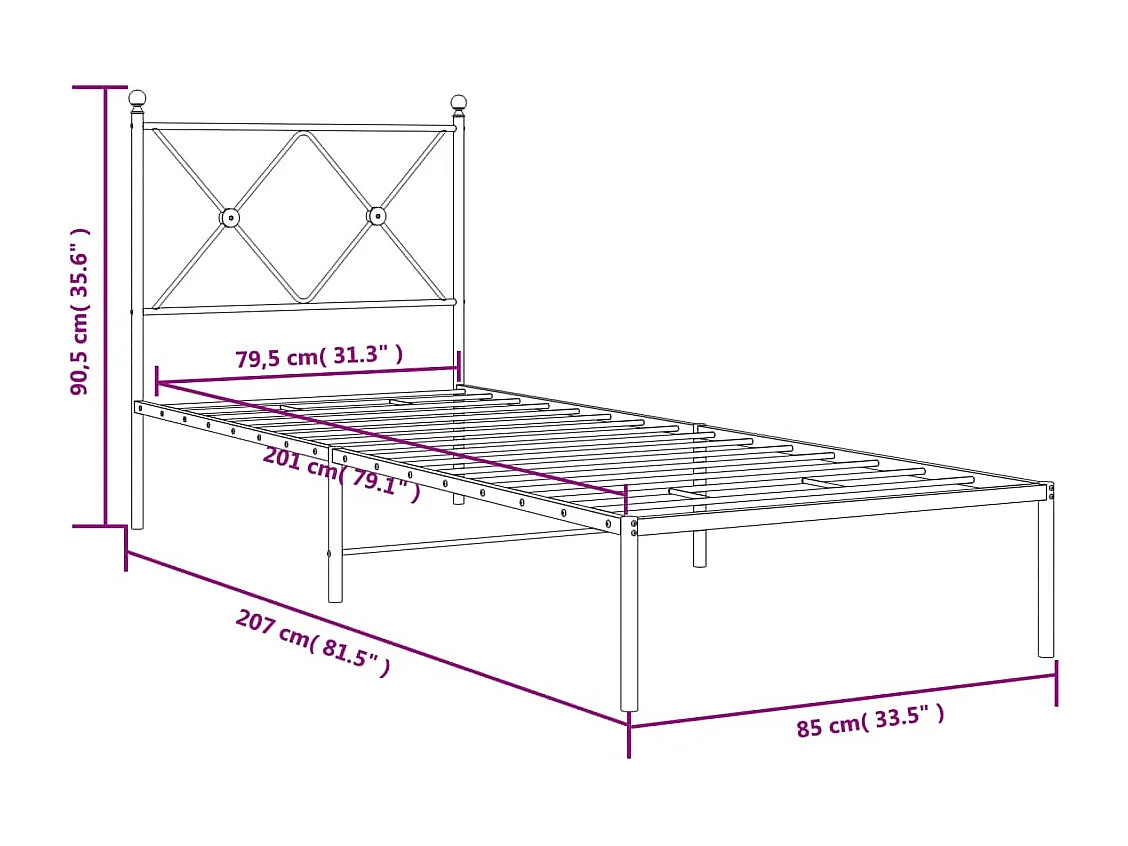 Cadre de lit métal sans matelas avec tête de lit noir 80x200 cm