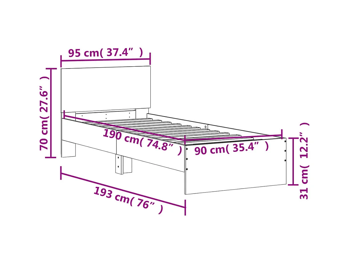 Cadre de lit sans matelas avec tête de lit 90x190 cm
