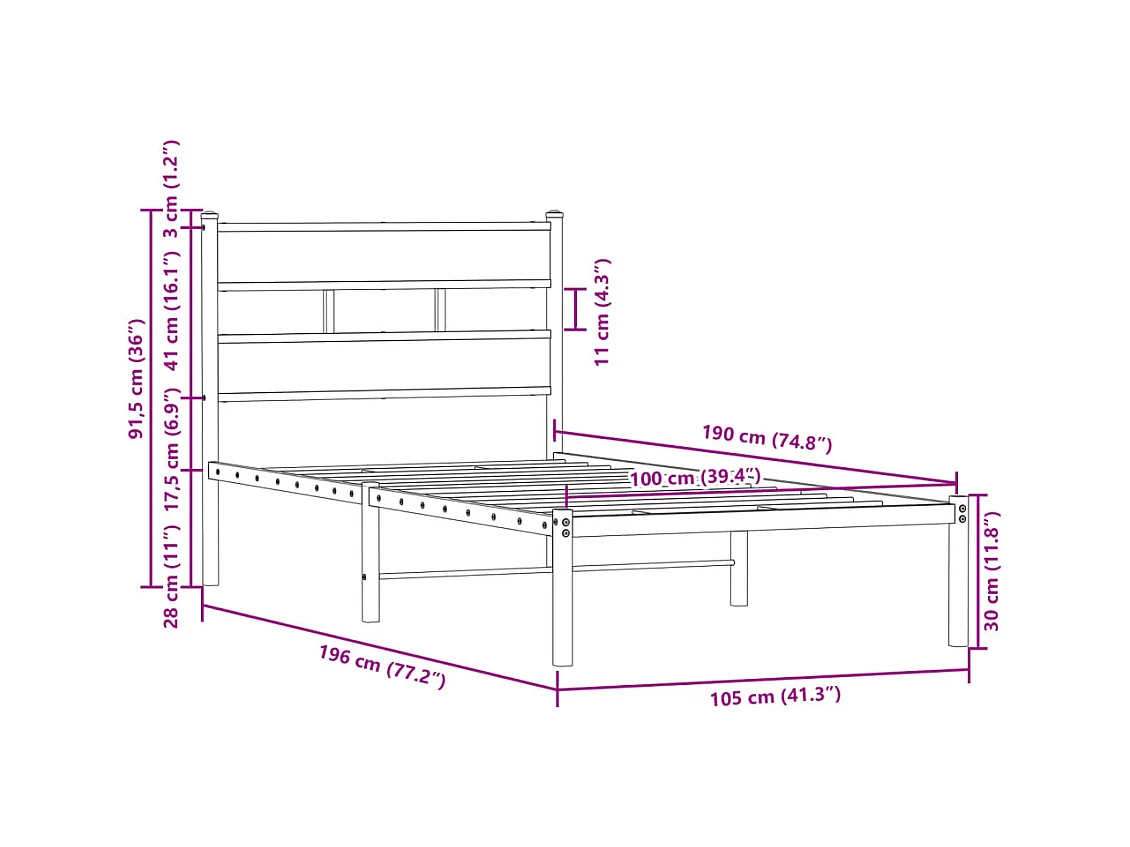 Cadre de lit sans matelas avec tête de lit 100x190 cm