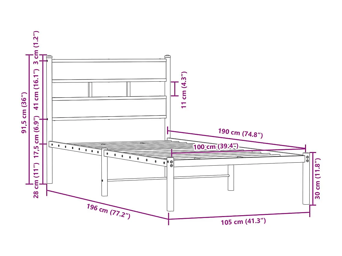 Cadre de lit sans matelas avec tête de lit 100x190 cm