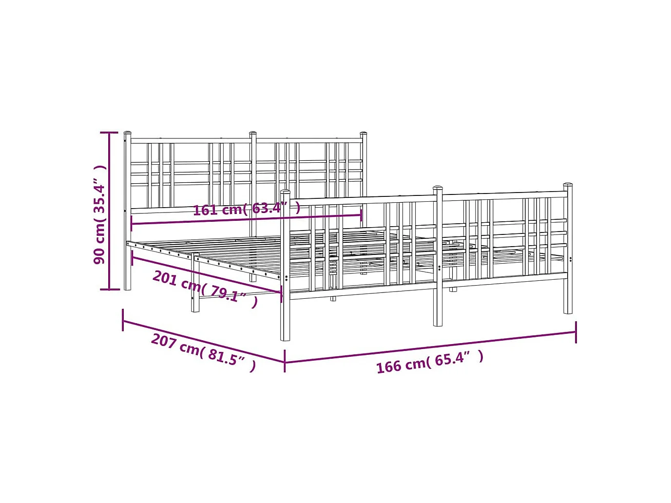 Cadre de lit métal sans matelas et pied de lit blanc 160x200 cm