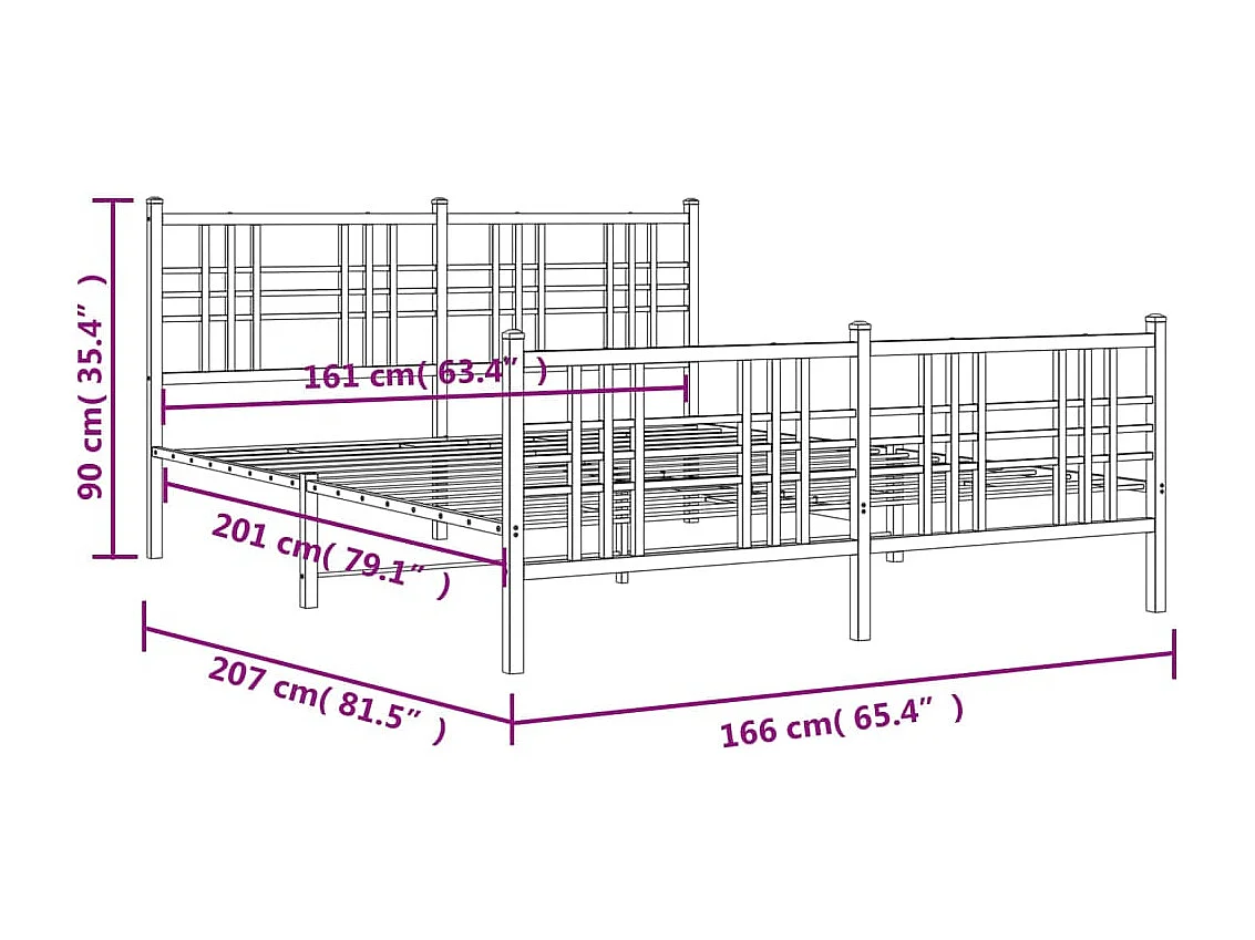 Cadre de lit métal sans matelas et pied de lit blanc 160x200 cm