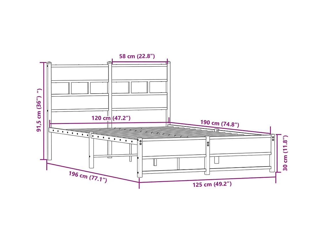 Cadre de lit en métal sans matelas chêne sonoma 120x190 cm