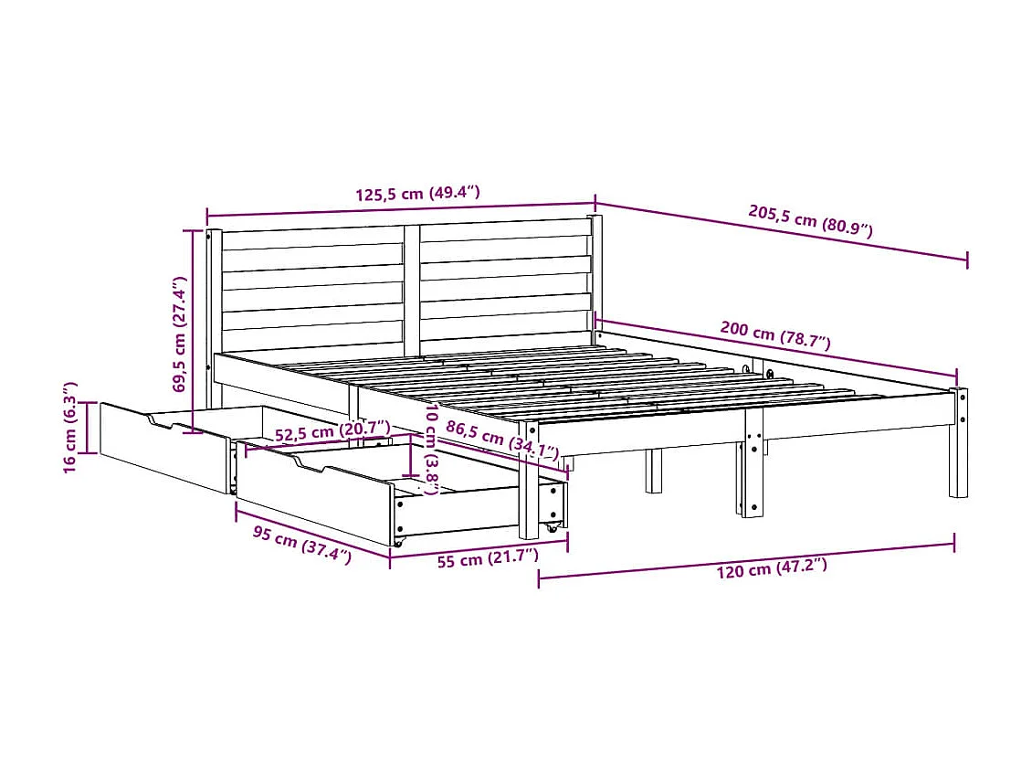 Estructura de cama sin colchón madera de pino maciza 120x200 cm