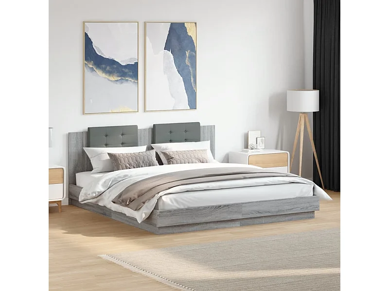 Estrutura de cama c/ cabeceira derivados madeira cinza sonoma