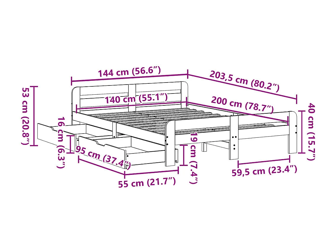 Cadre de lit sans matelas 140x200 cm bois massif de pin