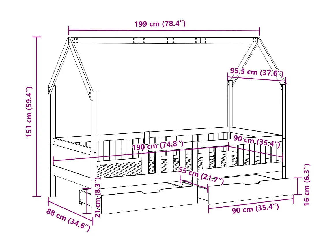 Giroletto per Bambini con Cassetti 90x190cm Legno Massello Pino