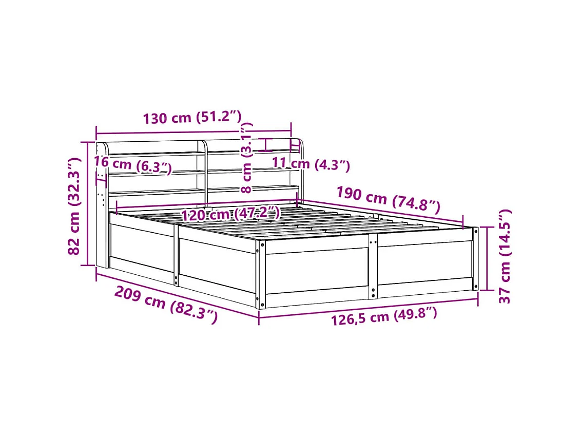 Bedframe met hoofdbord massief grenenhout wasbruin 120x190 cm