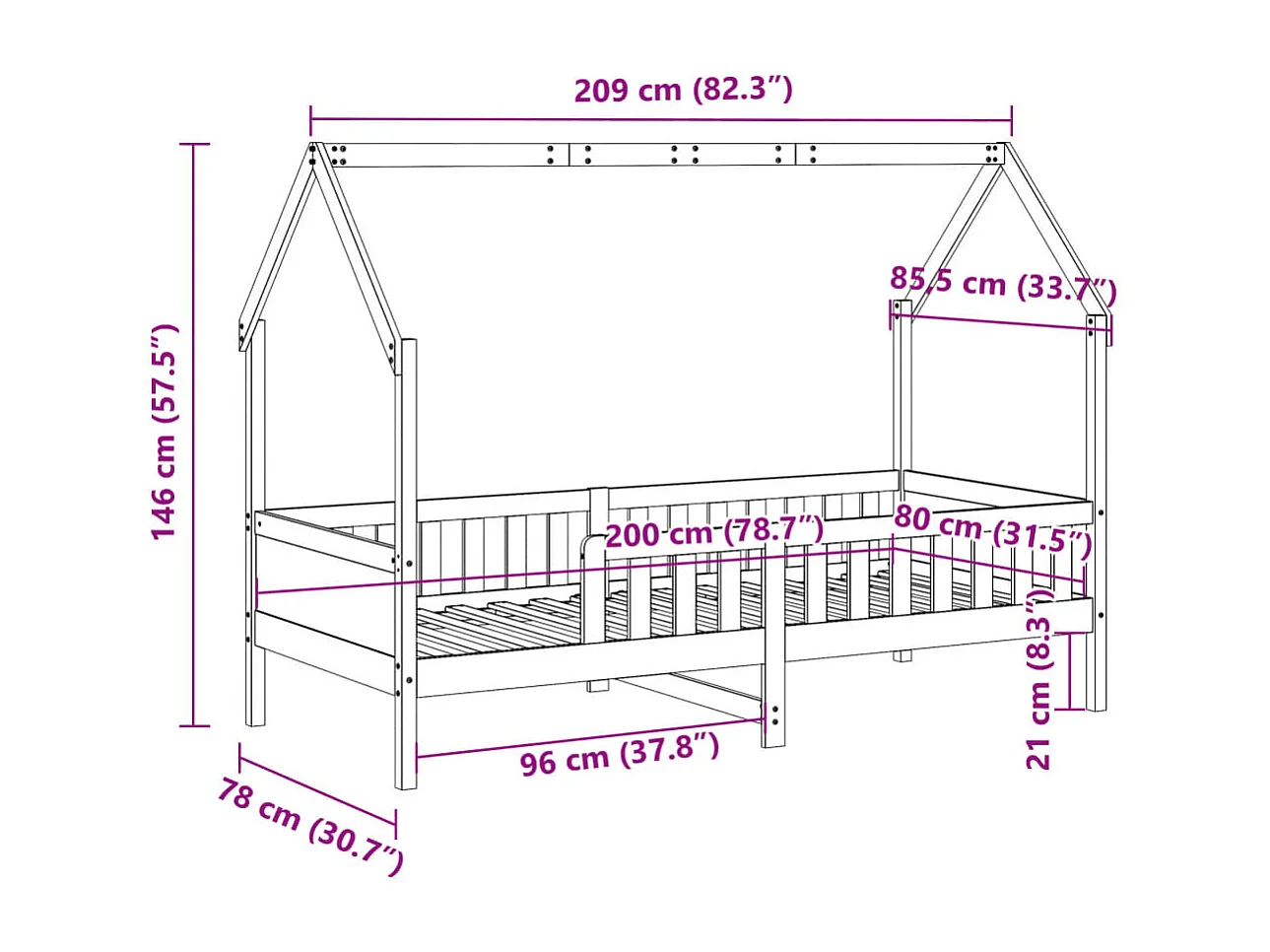 Cama infantil formato casa 80x200 cm pinho maciço branco
