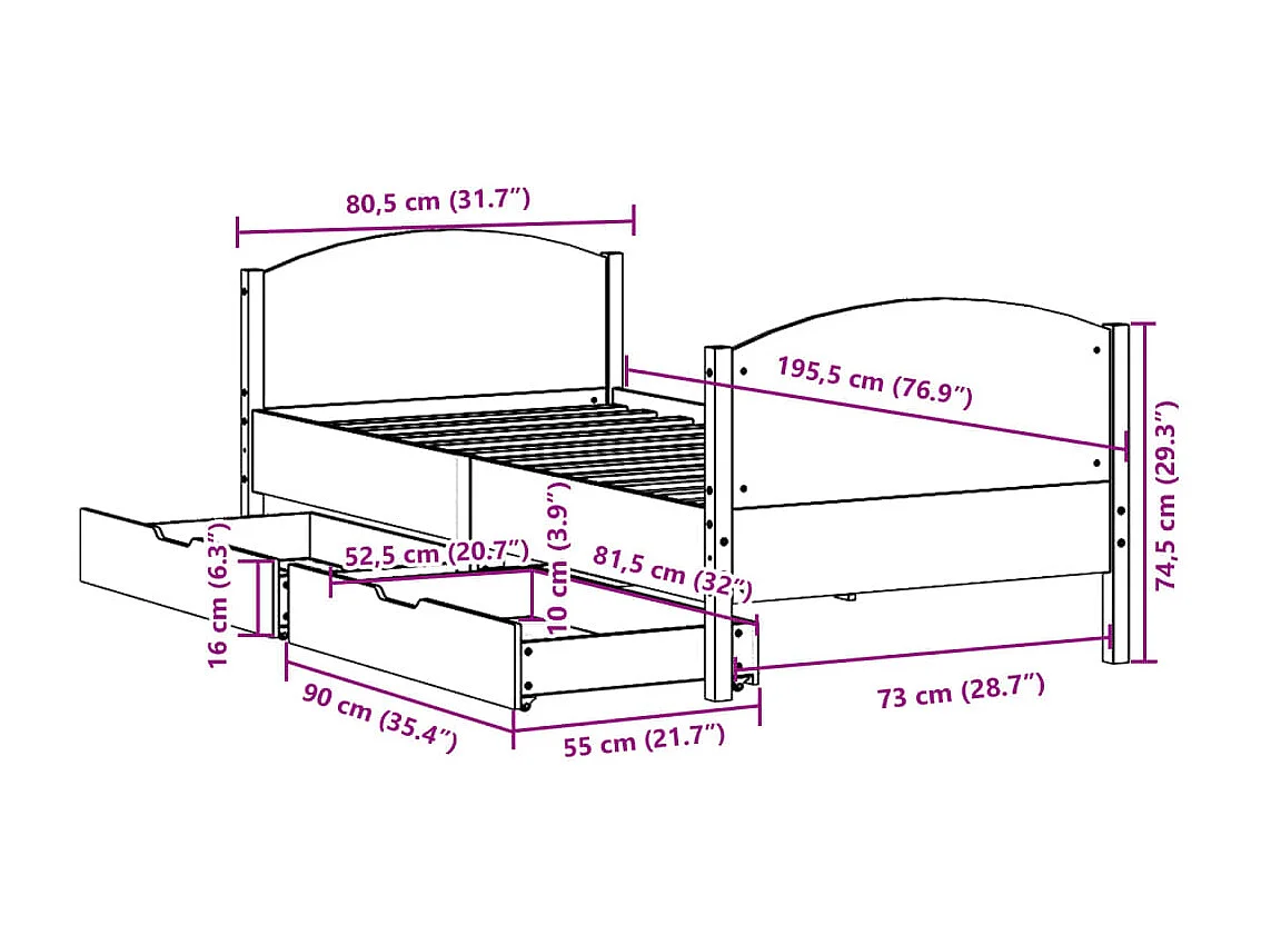 Letto senza Materasso Marrone Cera 75x190 cm in Legno di Pino