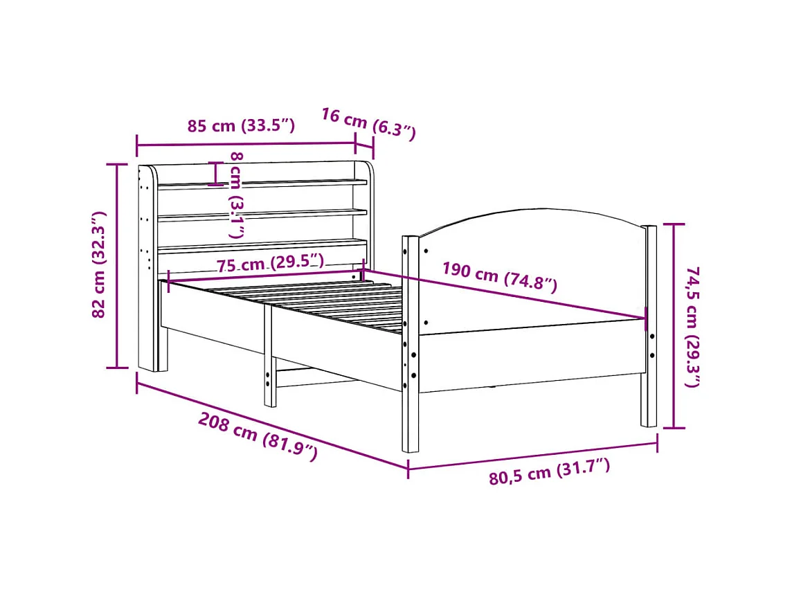 Letto senza Materasso Bianco 75x190 in Legno Massello di Pino