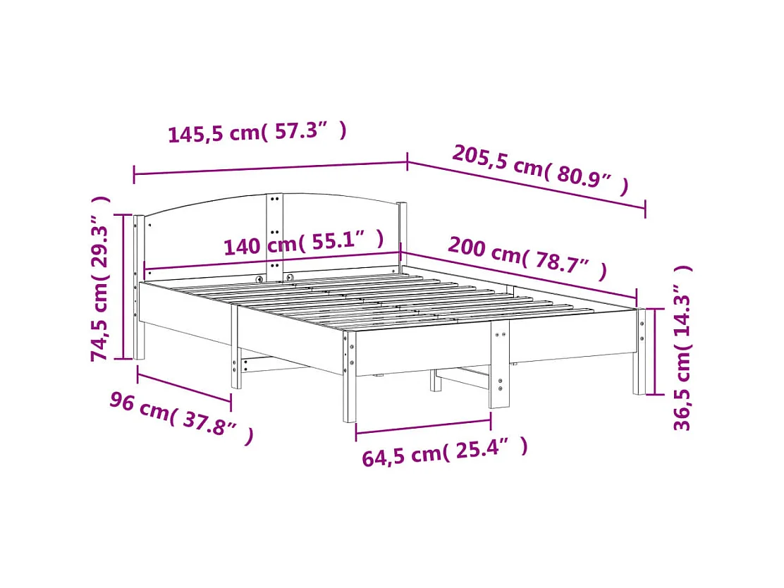 Cama sin colchón madera maciza de pino marrón cera 140x200 cm