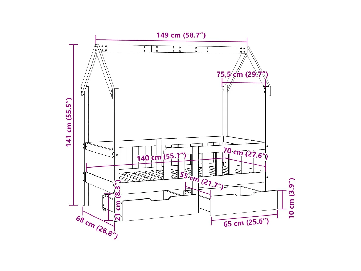 Giroletto con Testiera Bianco 75x190 cm Legno Massello di Pino