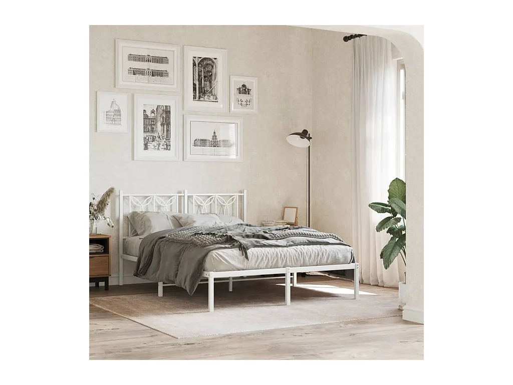 Cadre de lit métal sans matelas et tête de lit blanc 135x190 cm
