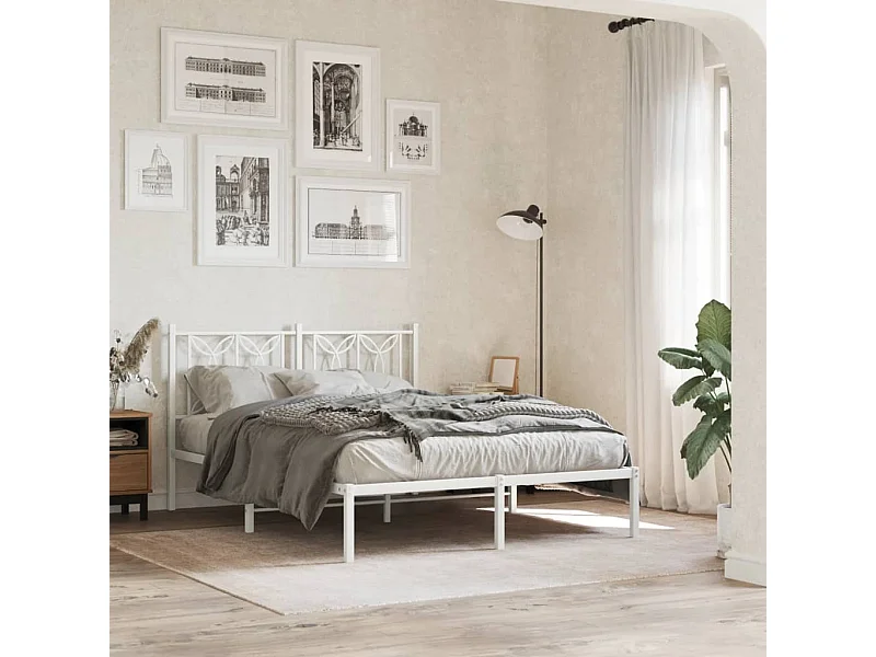 Cadre de lit métal sans matelas et tête de lit blanc 135x190 cm