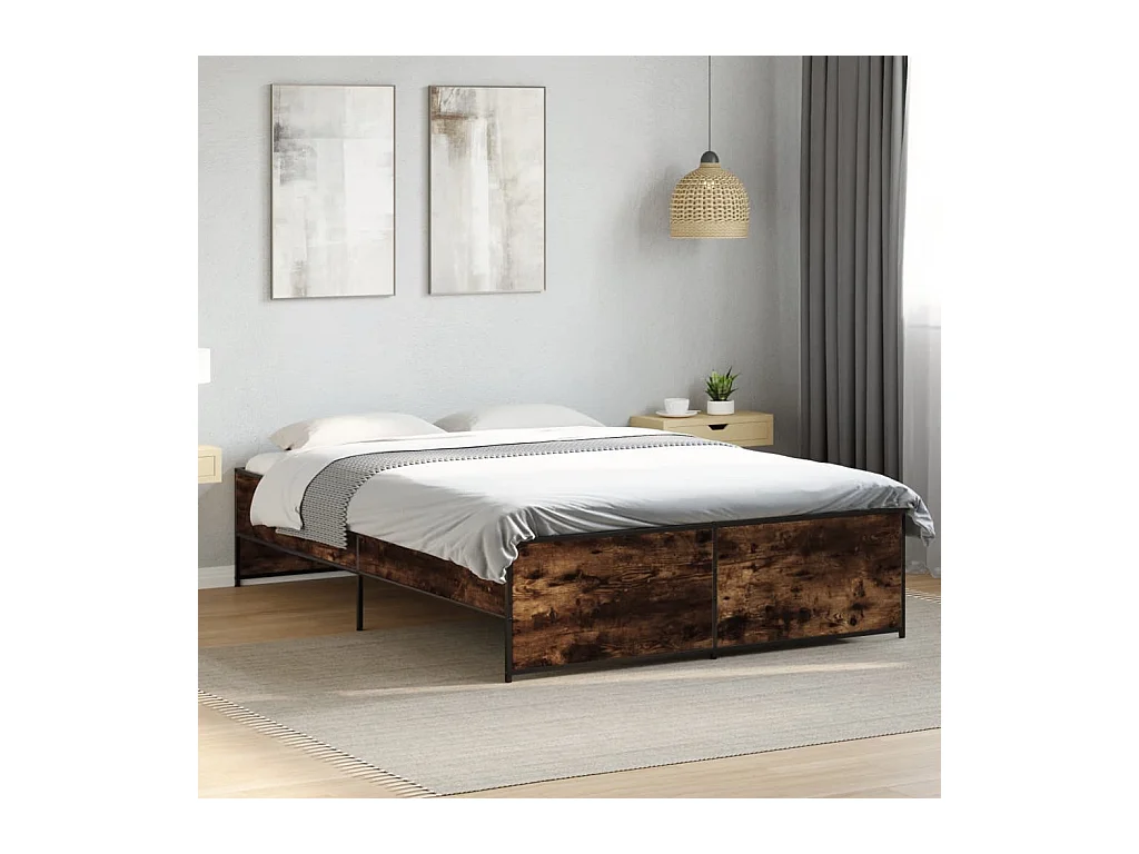 Estructura cama madera ingeniería metal roble ahumado 135x190cm