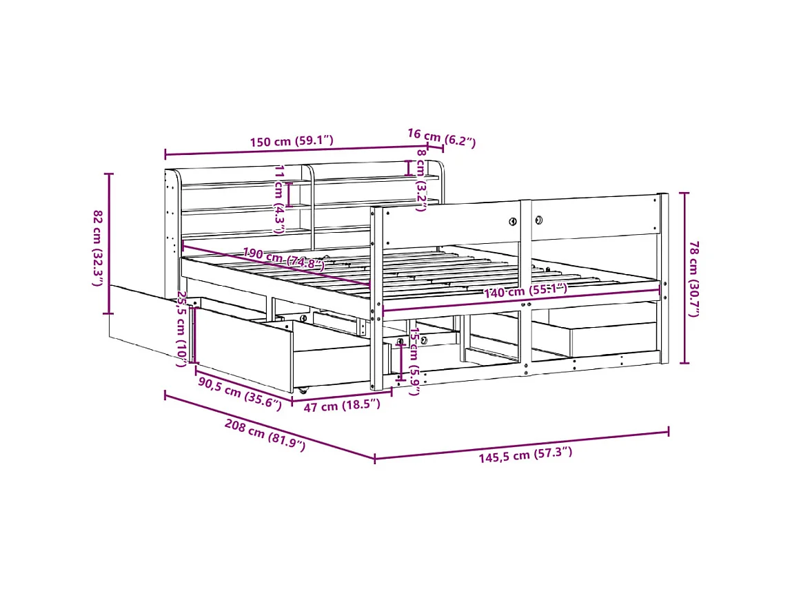 Cadre de lit sans matelas cire marron 140x190cm bois pin massif