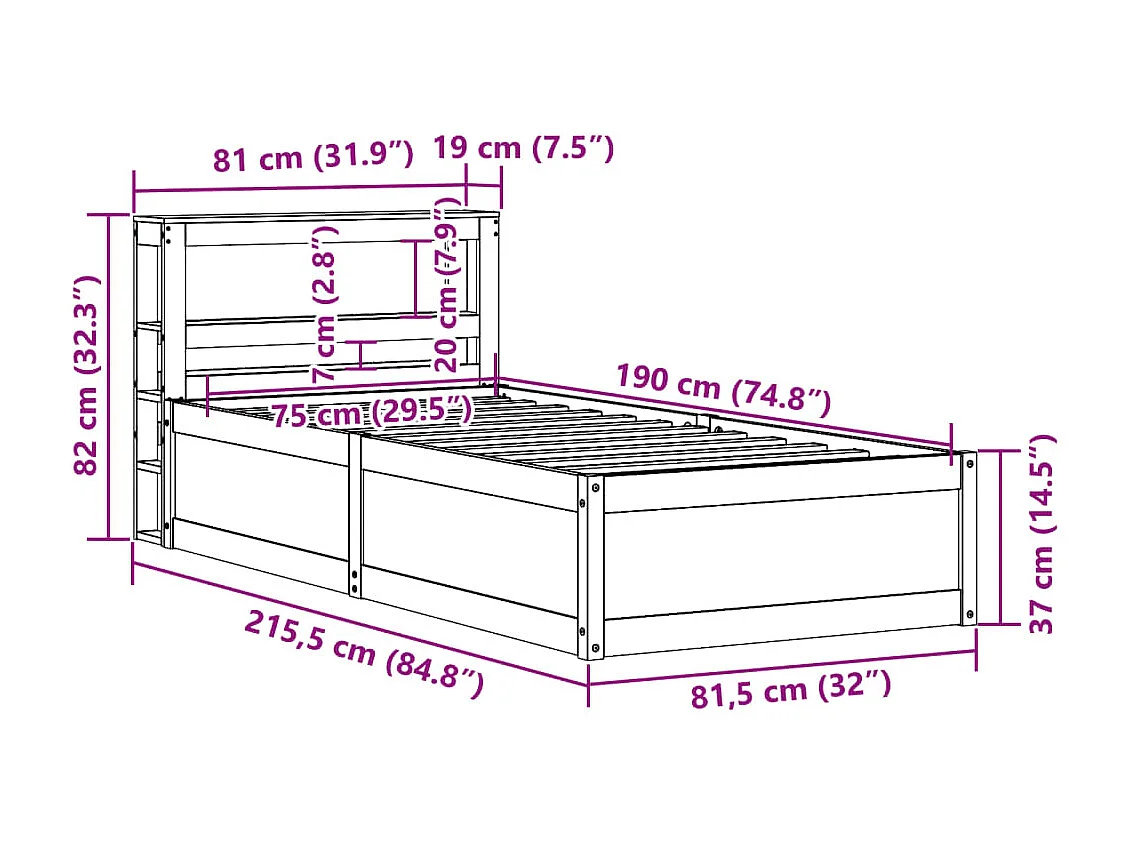 Estructura de cama con cabecero madera pino blanco 75x190 cm