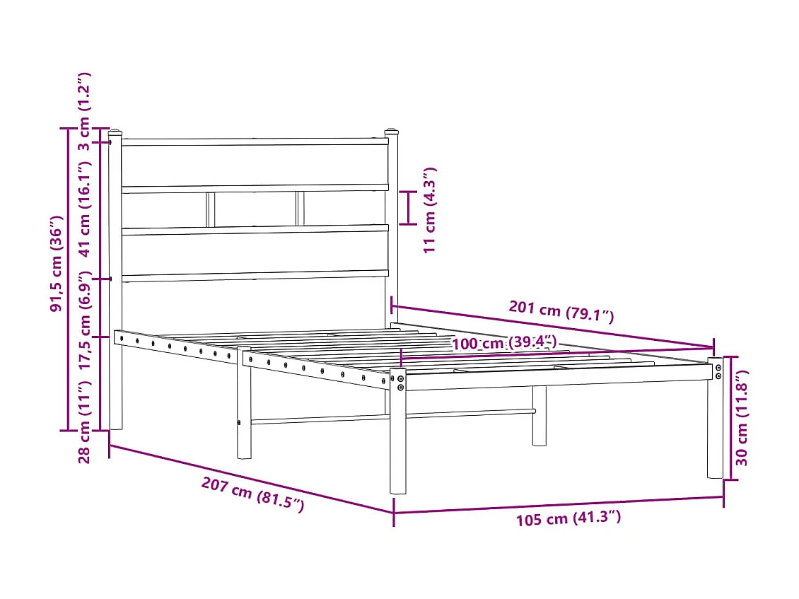 Estructura cama con cabecero sin colchón marrón roble 100x200cm