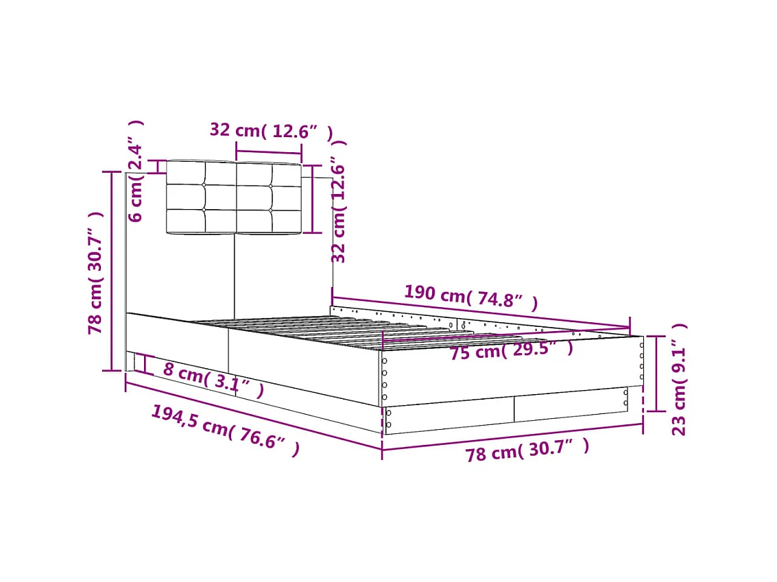 Cama con cabecero madera de ingeniería gris hormigón 75x190 cm