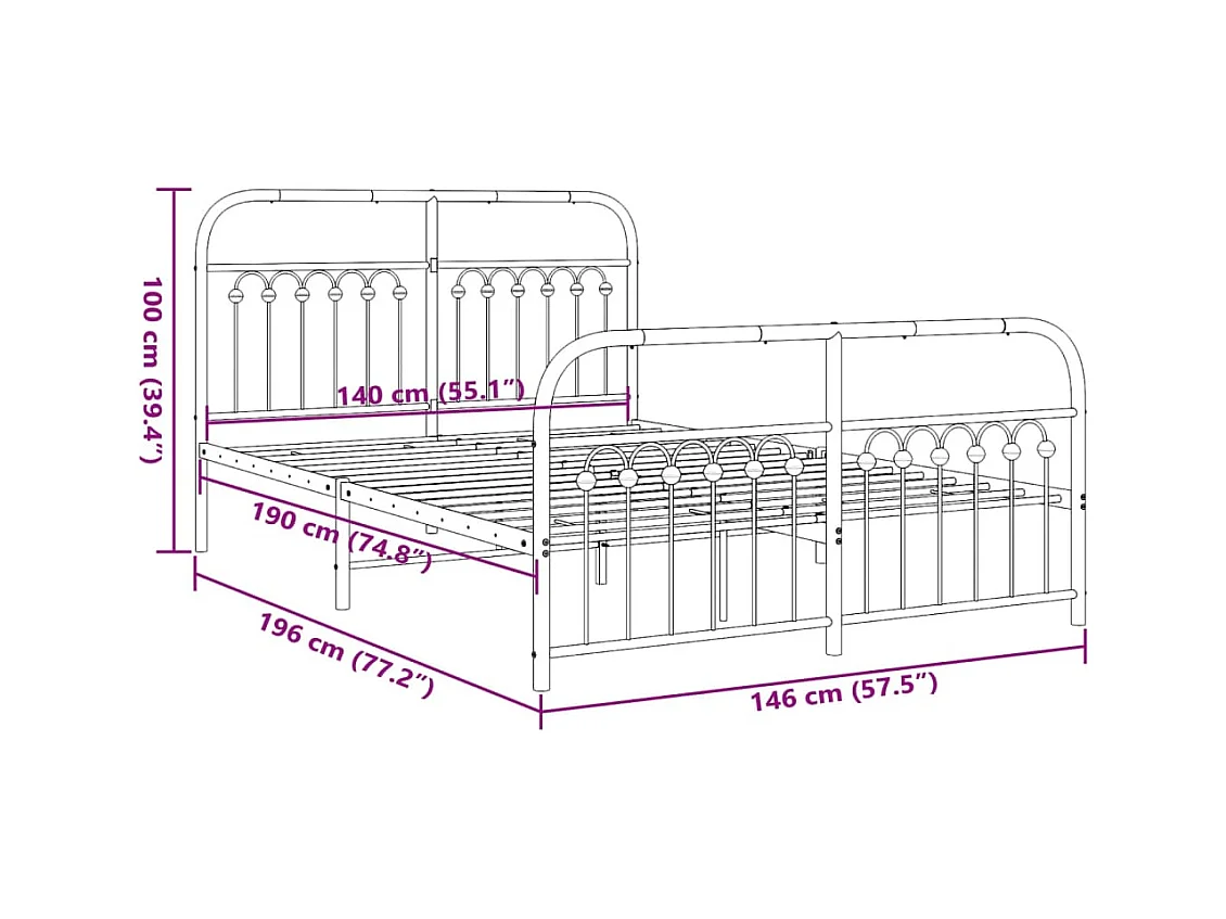 Cadre de lit métal sans matelas avec pied de lit noir 140x190cm