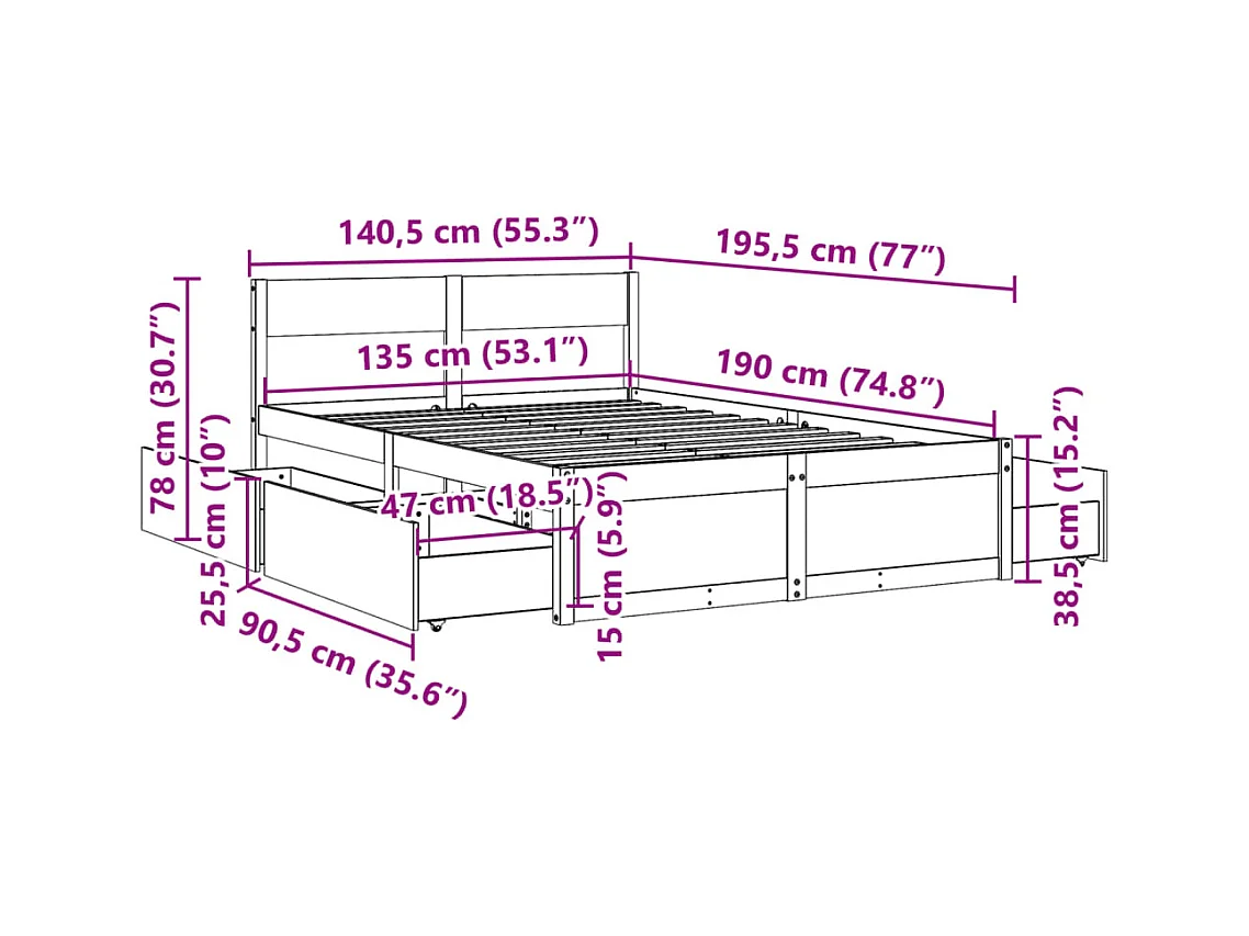 Cadre de lit métal sans matelas avec pied de lit noir 140x190cm