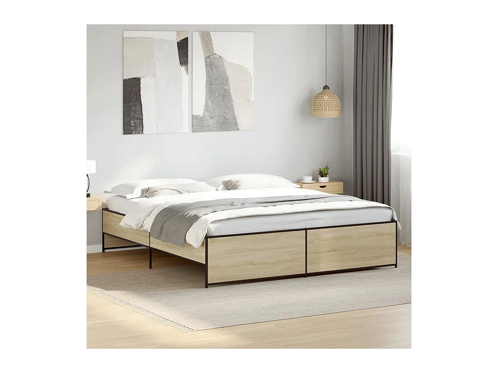 Estructura cama madera ingeniería metal roble Sonoma 200x200 cm