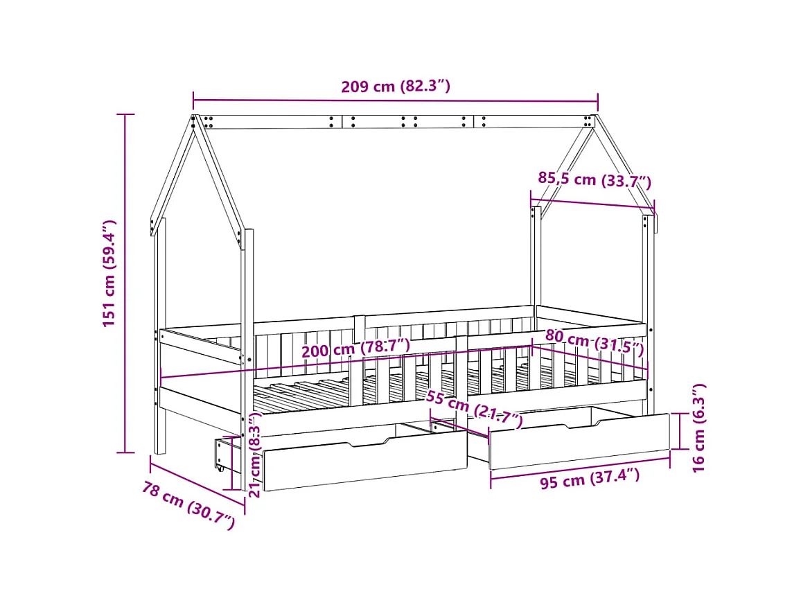 Estrutura de cama infantil c/ gavetas 80x200 cm pinho maciço