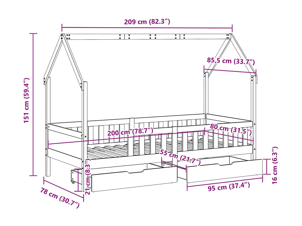 Cadre de lit enfants avec tiroirs sans matelas 80x200 cm bois