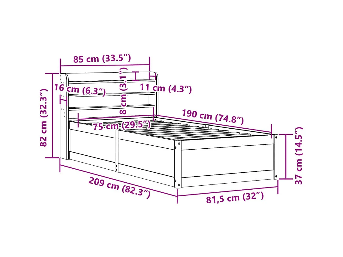 Giroletto con Testiera 75x190 cm in Legno Massello di Pino