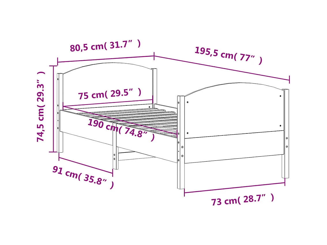 Estructura de cama sin colchón madera maciza pino 75x190 cm