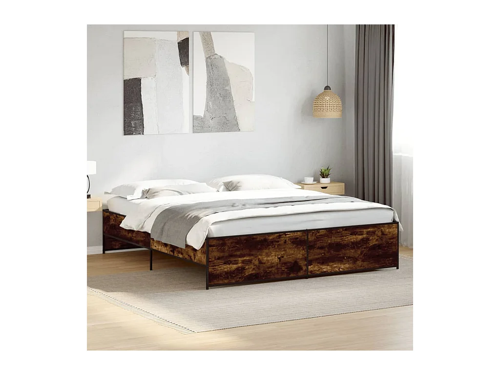 Bedframe bewerkt hout metaal gerookt eikenkleurig 200x200 cm