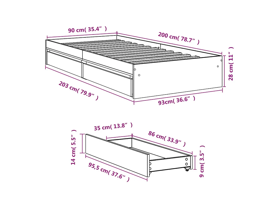 Cadre de lit avec tiroirs sans matelas blanc 90x200 cm