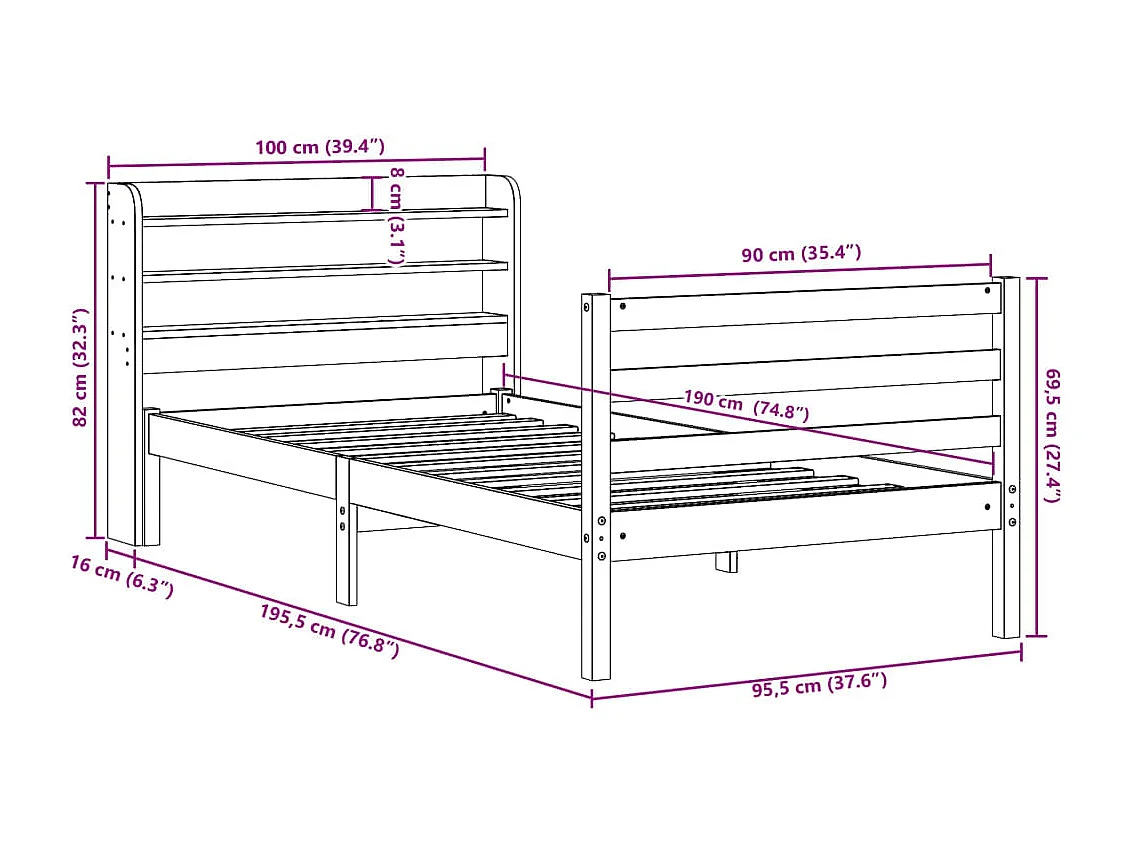 Estrutura de cama com cabeceira 90x190 cm pinho maciço