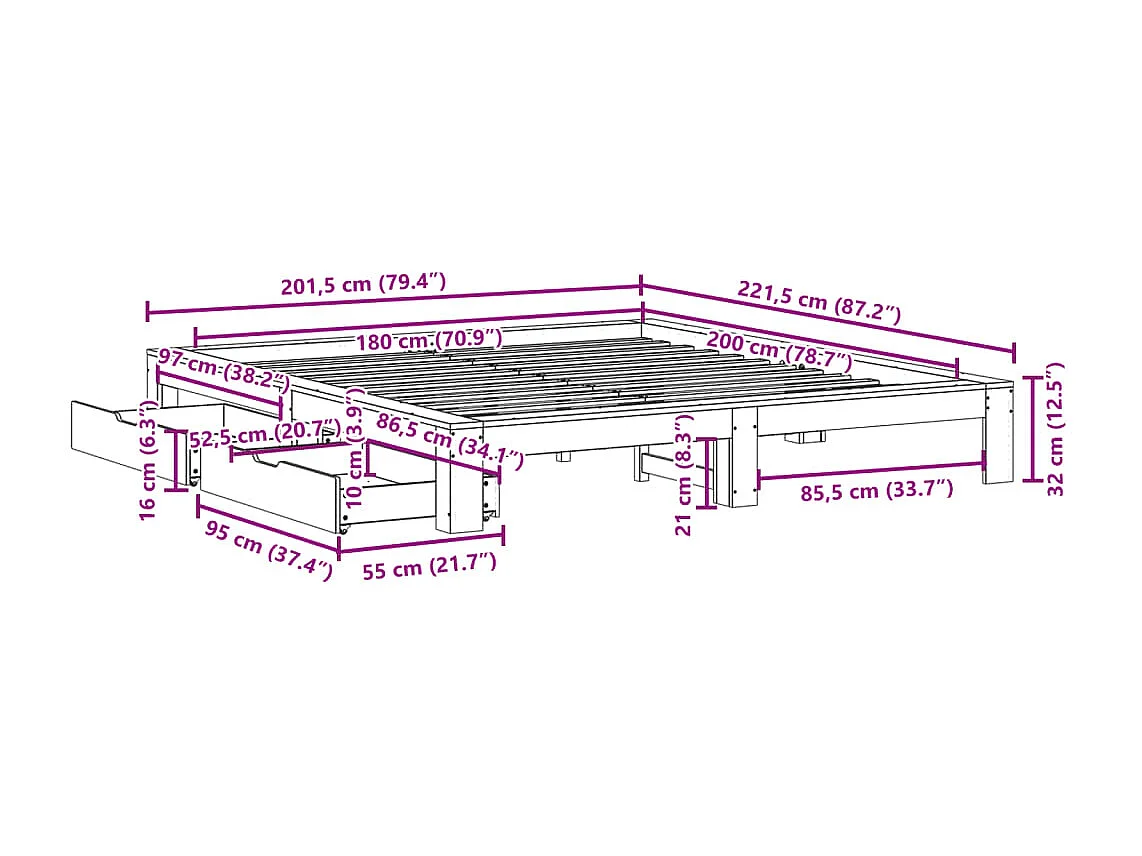 Cadre de lit sans matelas 180x200 cm bois massif de pin