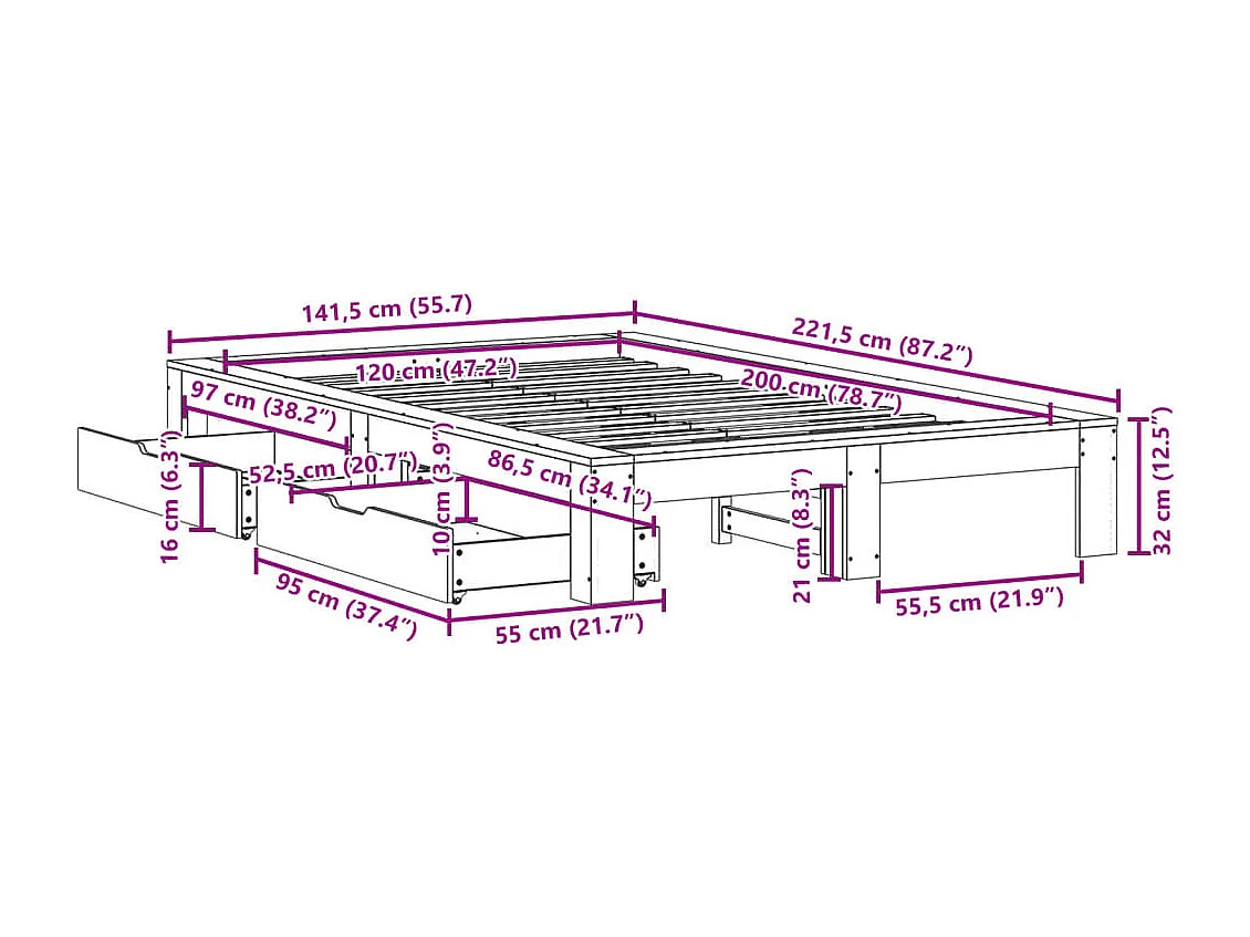 Cadre de lit sans matelas cire marron 120x200cm bois pin massif