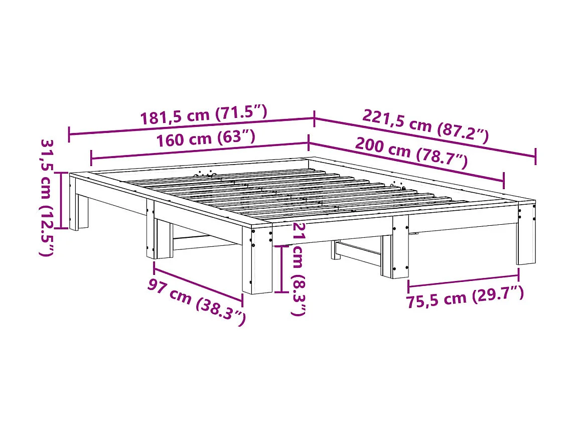 Cadre de lit sans matelas cire marron 160x200cm bois pin massif