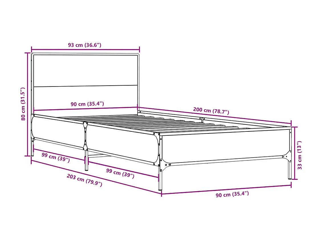 Bettgestell Räuchereiche 90x200 cm Holzwerkstoff und Metall