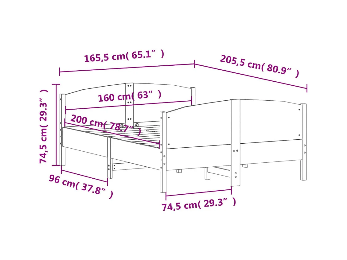 Cadre de lit sans matelas 160x200 cm bois massif de pin