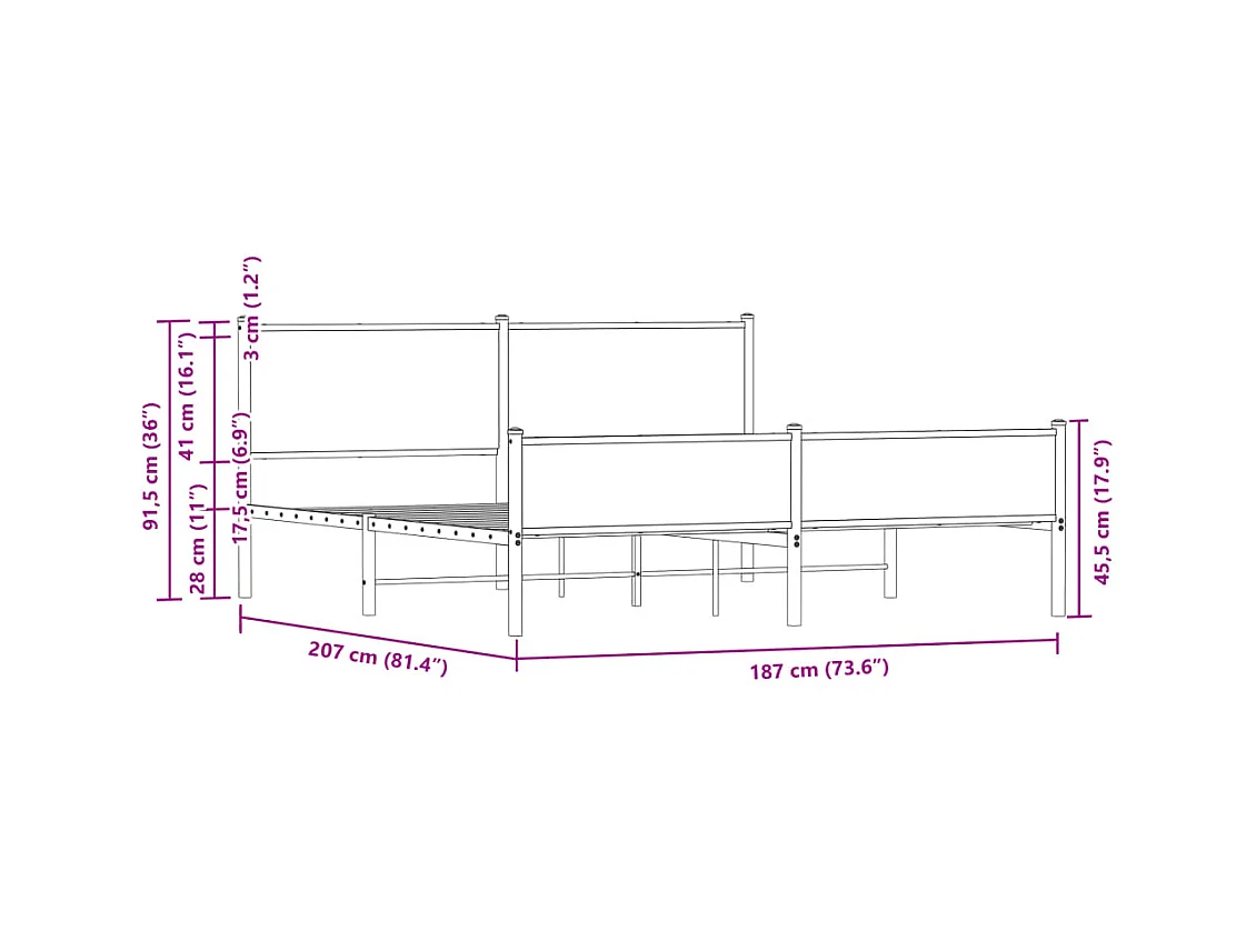 Estrutura de cama sem colchão 180x200cm metal carvalho fumado
