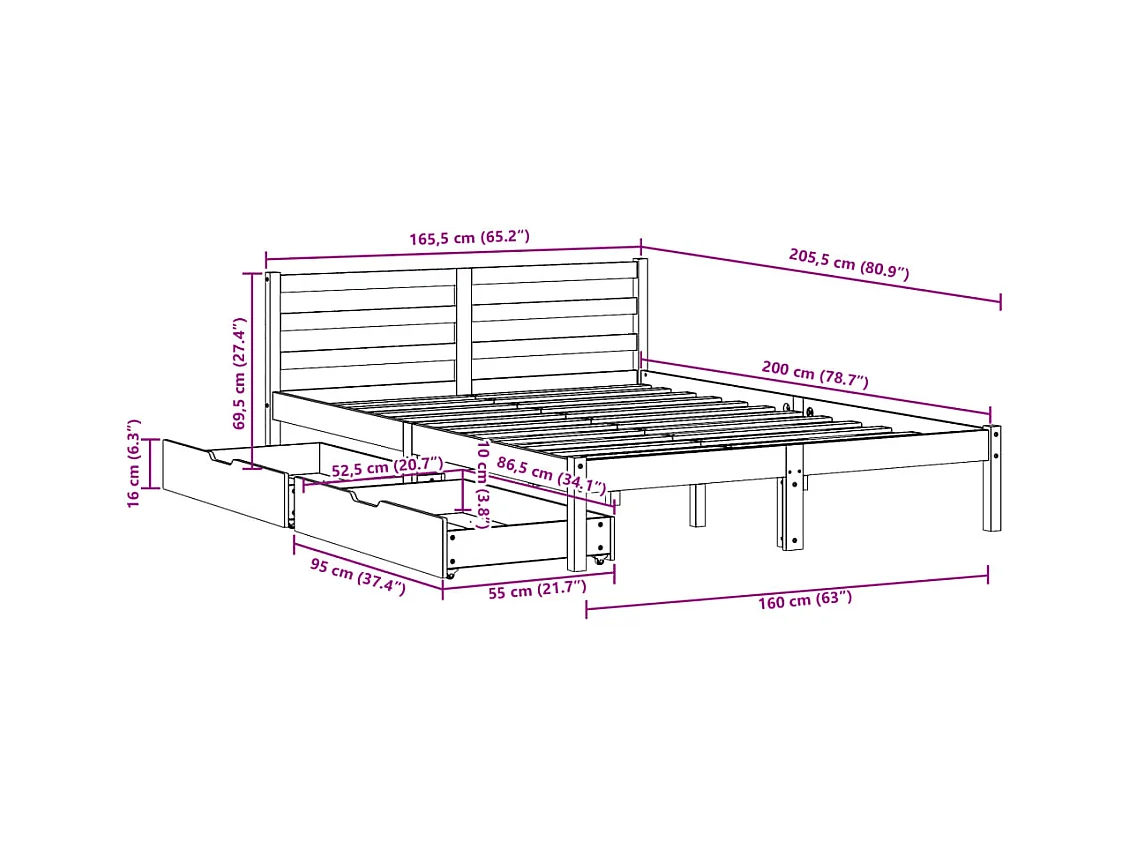 Letto senza Materasso Bianco 160x200 cm Legno Massello di Pino