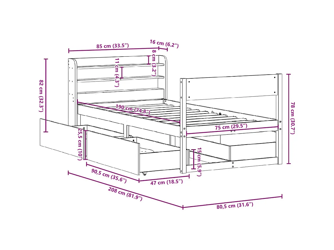 Cadre de lit sans matelas 75x190 cm bois de pin massif