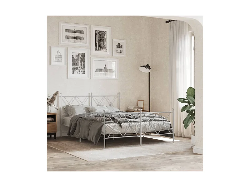 Cadre de lit métal sans matelas et pied de lit blanc 140x190 cm